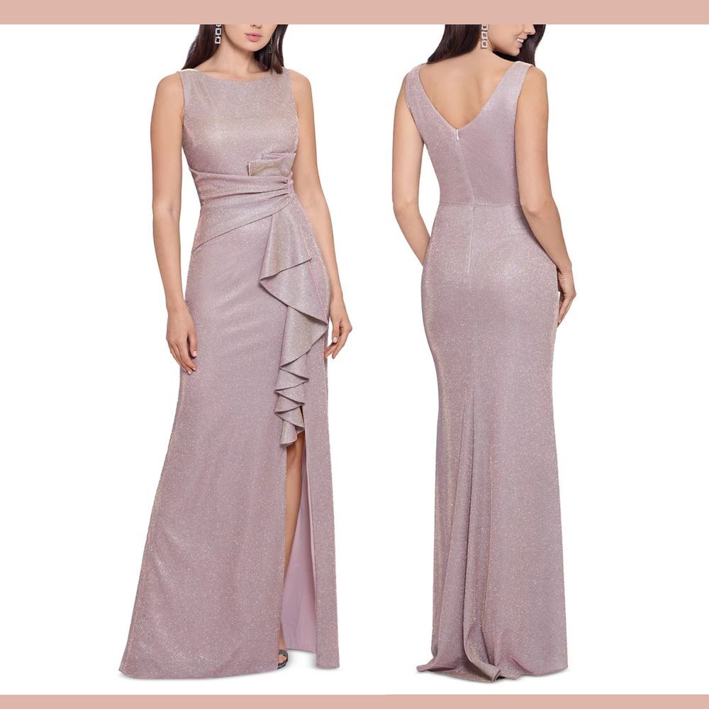 NEW $269 Betsy & Adam [ 6 ]‎ Sleeveless Glitter Draped Gown Pink White Gold